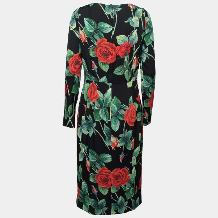 مملوكة مسبقًا Dolce & Gabbana Black Rose Print Silk Scoop Neck Dress L