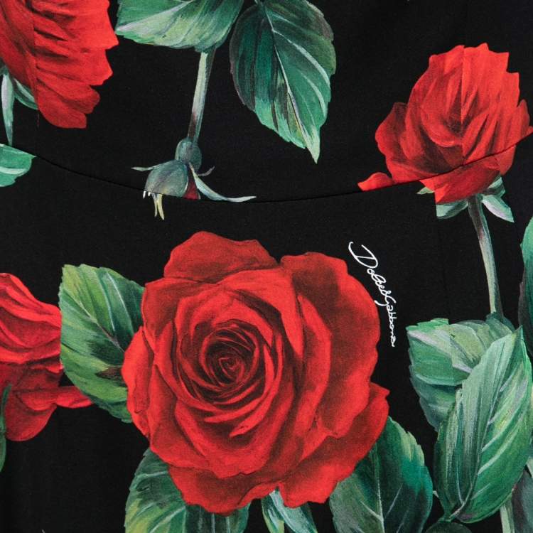 مملوكة مسبقًا Dolce & Gabbana Black Rose Print Silk Scoop Neck Dress L