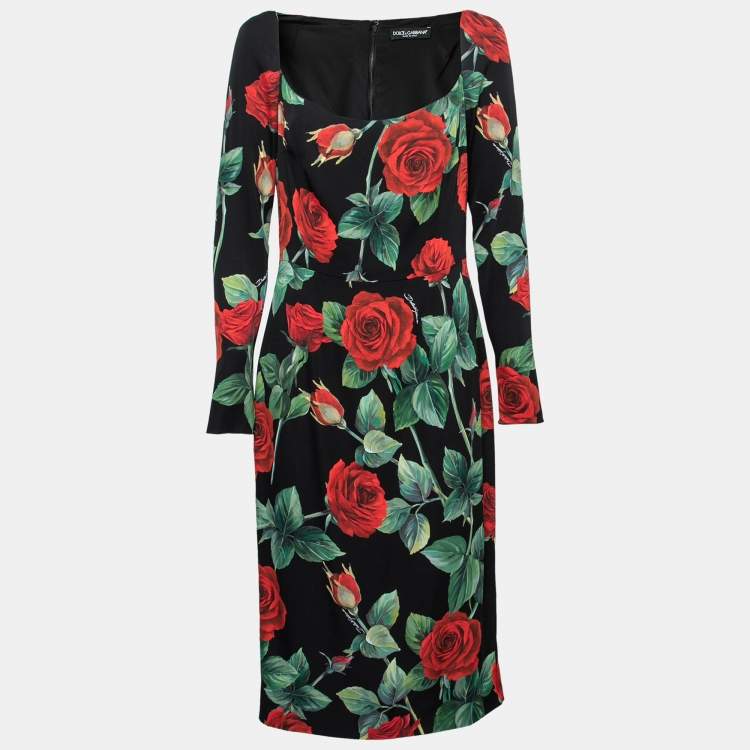 مملوكة مسبقًا Dolce & Gabbana Black Rose Print Silk Scoop Neck Dress L