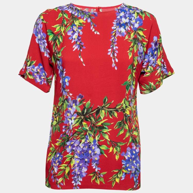 Pre Owned Dolce & Gabbana Red Wisteria Floral Print Crepe Short Sleeve Top S