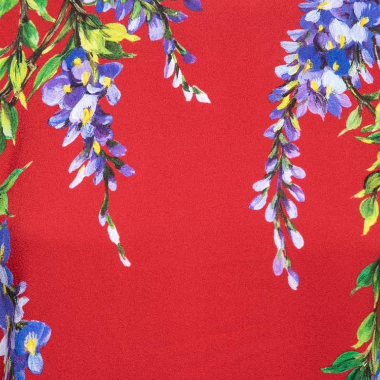 Pre Owned Dolce & Gabbana Red Wisteria Floral Print Crepe Short Sleeve Top S