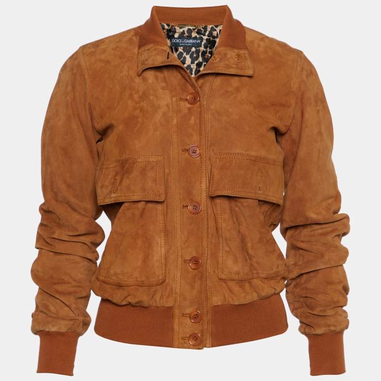 Pre Owned Dolce & Gabbana Brown Suede Button Front Bomber Jacket S
