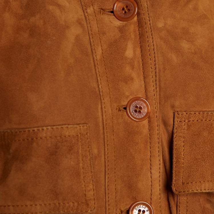 Pre Owned Dolce & Gabbana Brown Suede Button Front Bomber Jacket S