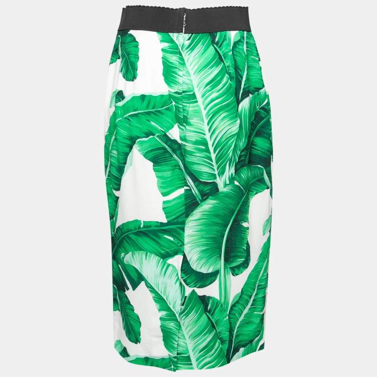 Pre Owned Dolce & Gabbana Green Banana Leaf Print Crepe Knee-Length Skirt M