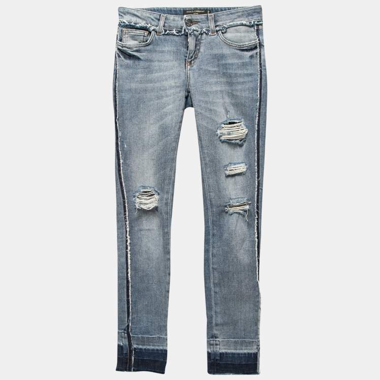 Pre Owned Dolce & Gabbana Blue Distressed Denim Frayed Trimmed Jeans XS Waist 28" 