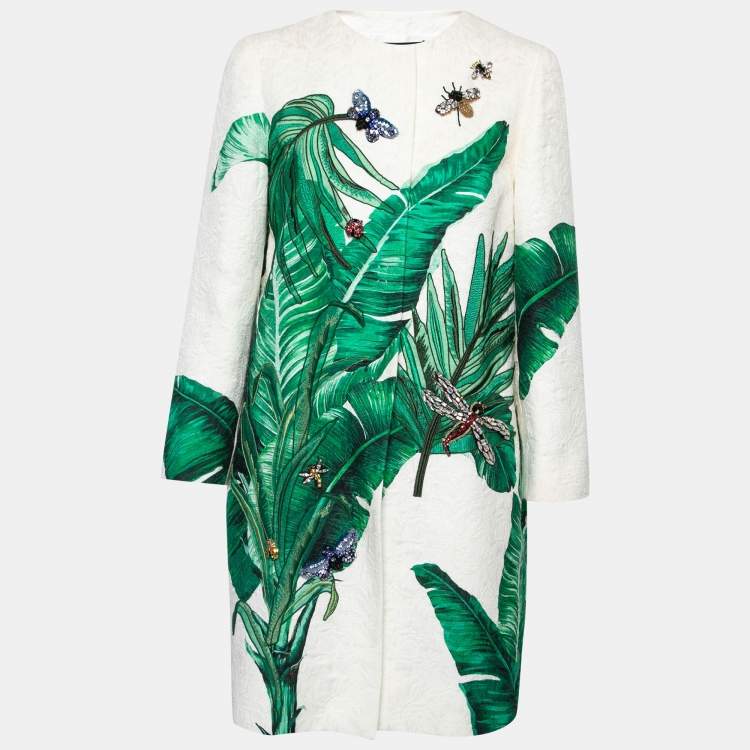 Pre Owned Dolce & Gabbana White Printed Silk Brocade Embroidered Coat S