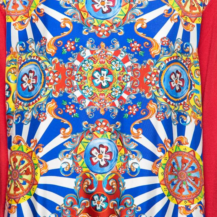 Pre Owned Dolce & Gabbana Red Carretto Siciliano Print Silk Knit Sweater L
