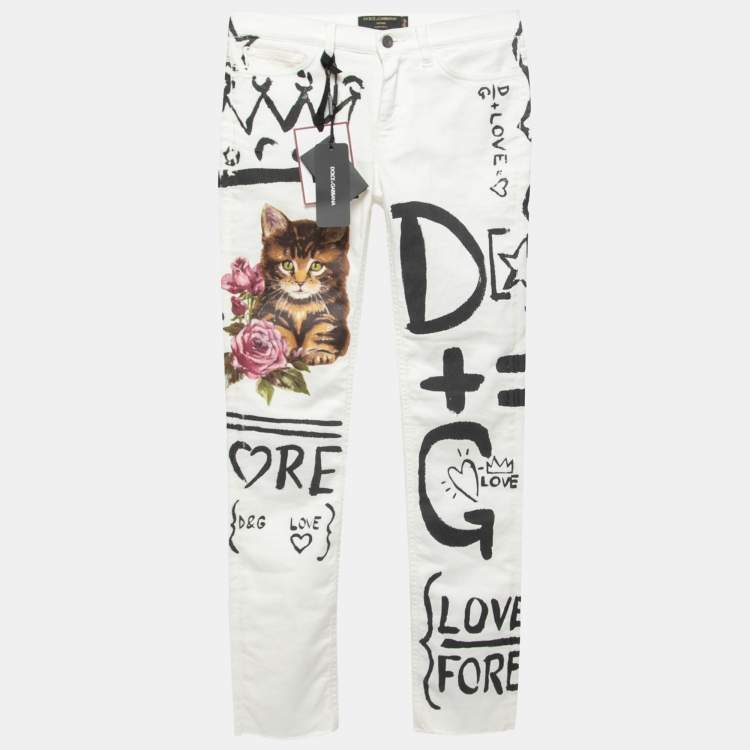Pre Owned Dolce & Gabbana White Graffiti Print Denim Girly Fit Jeans S Waist 29"
