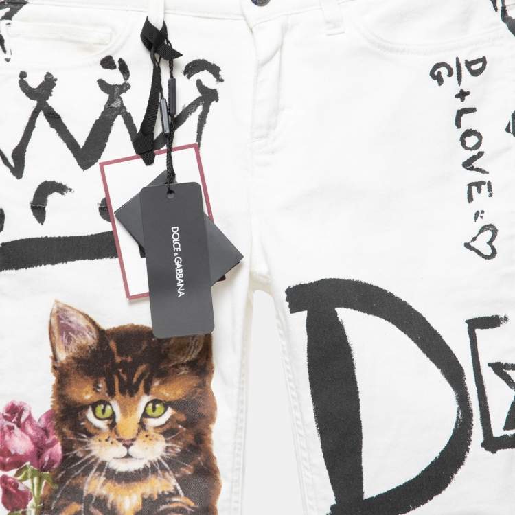 Pre Owned Dolce & Gabbana White Graffiti Print Denim Girly Fit Jeans S Waist 29"