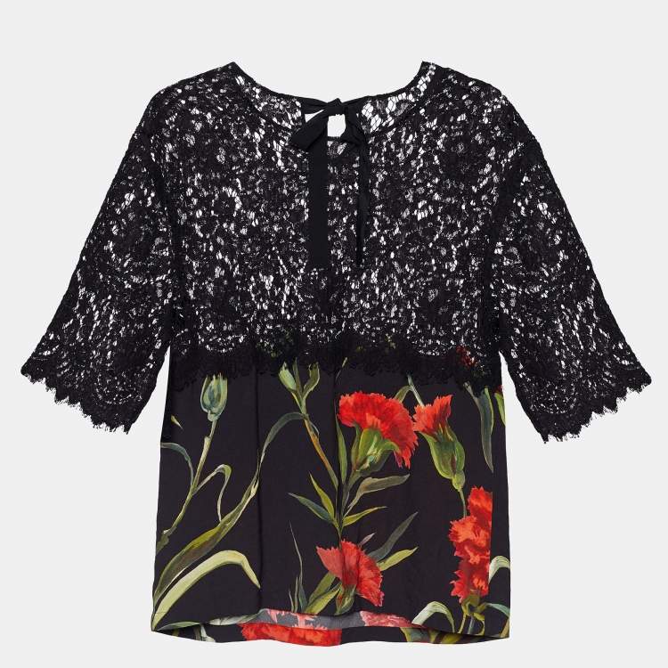 Pre Owned Dolce & Gabbana Black Floral Print Crepe & Lace Paneled Top S