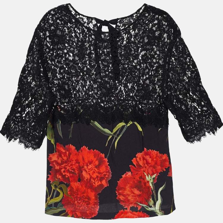 Pre Owned Dolce & Gabbana Black Floral Print Crepe & Lace Paneled Top S