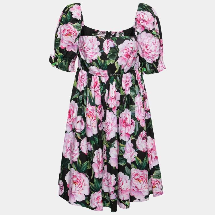 Pre Owned Dolce & Gabbana Black Floral Print Cotton Poplin Mini Dress M