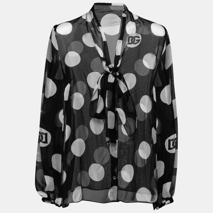 مملوكة مسبقًا Dolce & Gabbana Black Polka Dot Silk Tie-Neck Blouse L