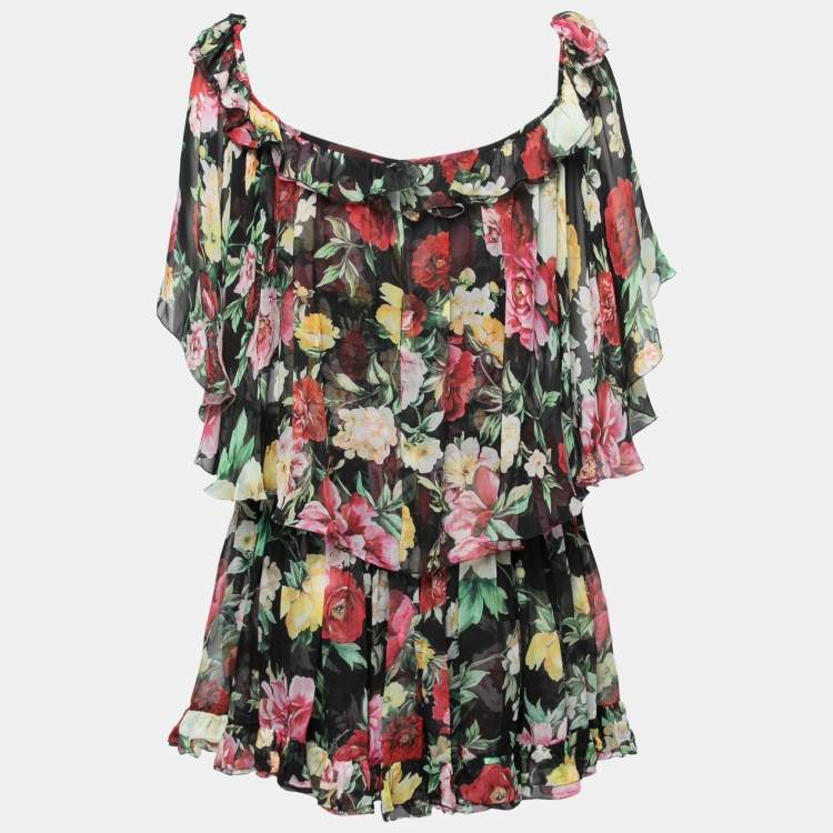 Pre Owned Dolce & Gabbana Black Floral Print Silk Ruffled Off-Shoulder Dress L