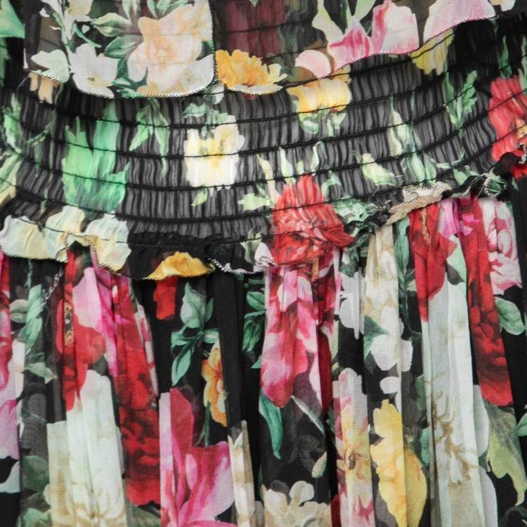 Pre Owned Dolce & Gabbana Black Floral Print Silk Ruffled Off-Shoulder Dress L