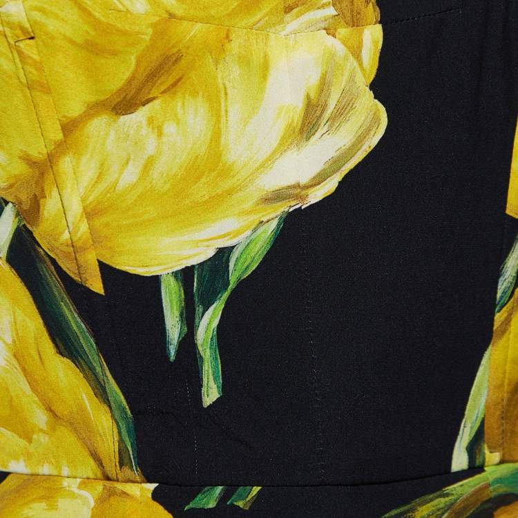 Pre Owned Dolce & Gabbana Yellow Tulip Print Stretch Silk Sheath Dress L
