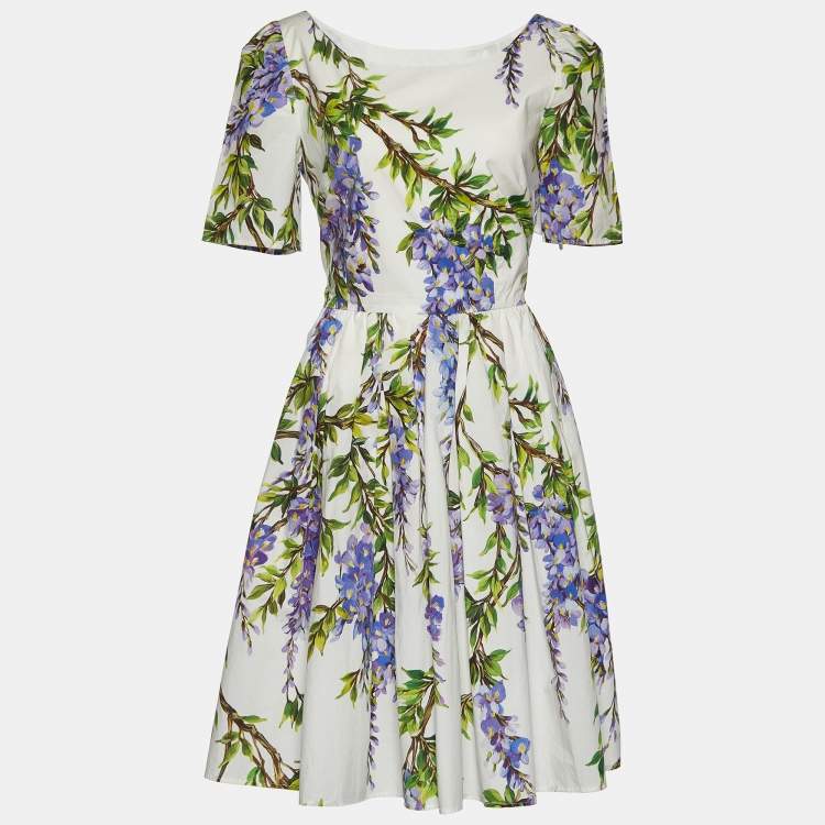 Pre Owned Dolce & Gabbana White Wisteria Print Cotton Flared Dress L