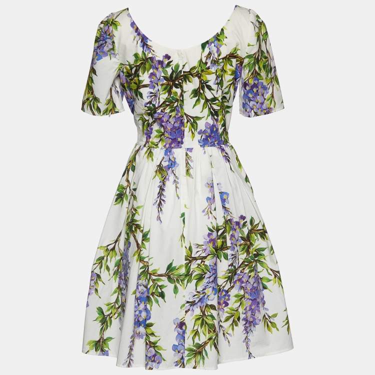 Pre Owned Dolce & Gabbana White Wisteria Print Cotton Flared Dress L