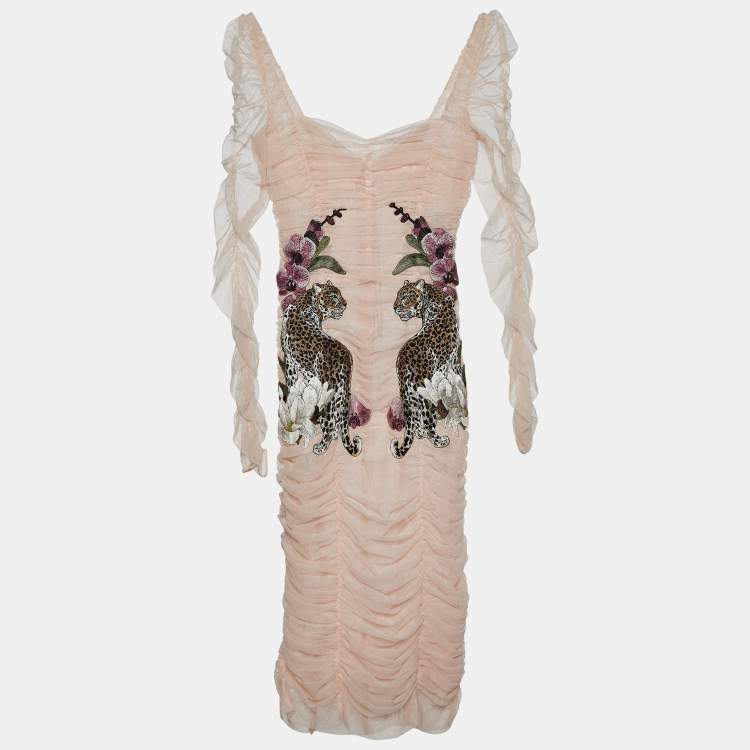 مملوكة مسبقًا Dolce & Gabbana Pink Ruched Tulle Leopard Rose Appliqued Midi Dress S