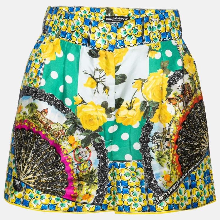 Pre Owned Dolce & Gabbana Multicolor Printed Silk High Waist Shorts XS  