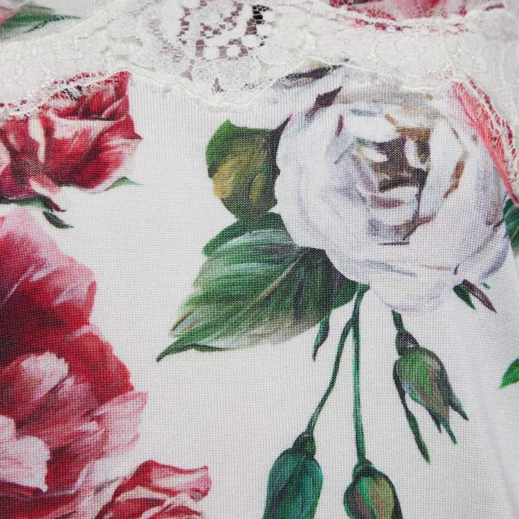 Pre Owned Dolce & Gabbana White Floral Print Silk Knit Lace Trim Top M