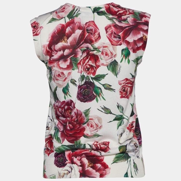 Pre Owned Dolce & Gabbana White Floral Print Silk Knit Lace Trim Top M
