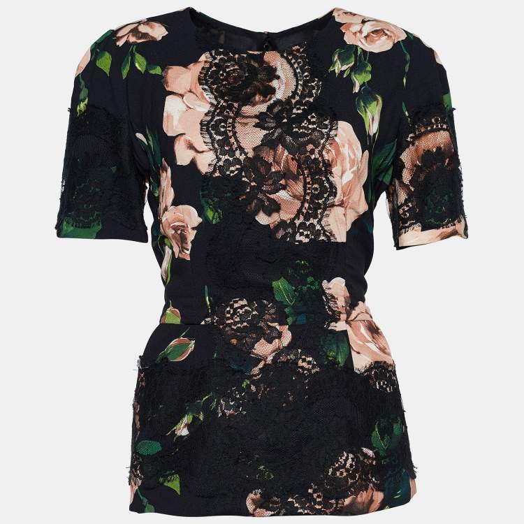 Pre Owned Dolce & Gabbana Black Floral Printed Crepe & Lace Top L