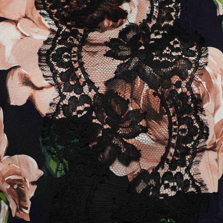 Pre Owned Dolce & Gabbana Black Floral Printed Crepe & Lace Top L