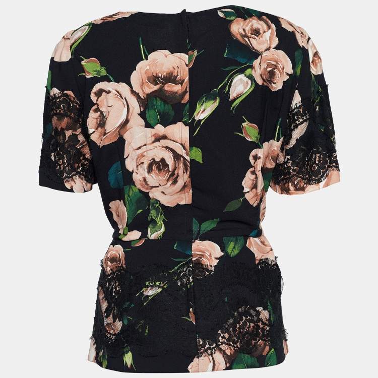Pre Owned Dolce & Gabbana Black Floral Printed Crepe & Lace Top L