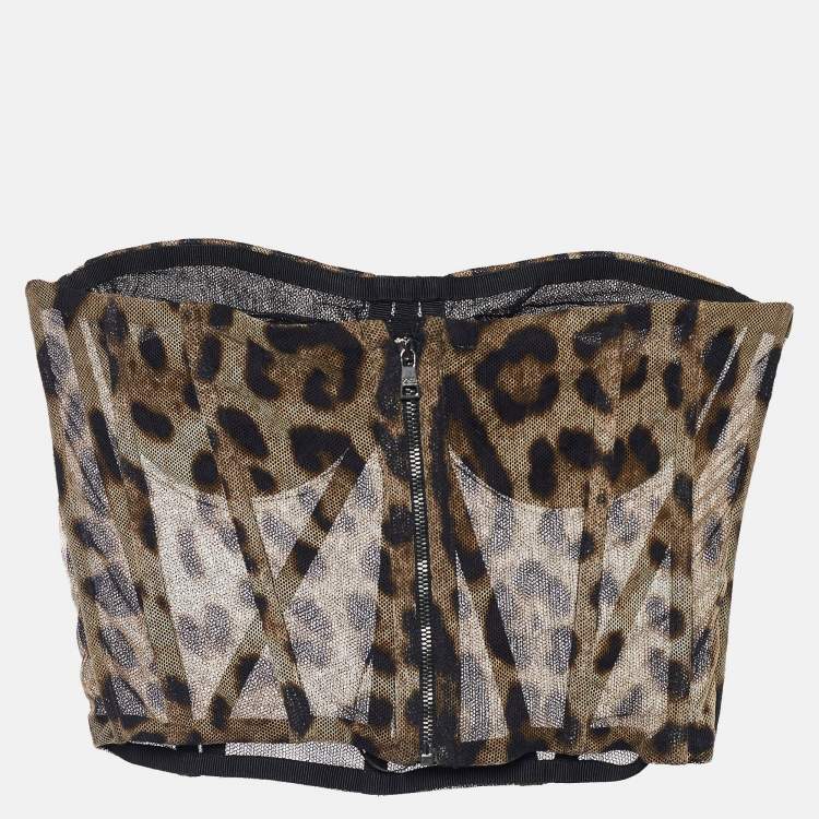 Pre Owned Dolce & Gabbana Brown Animal Print Tulle Bustier Crop Top M
