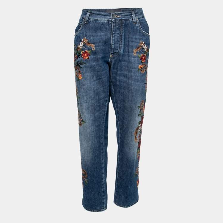 Pre Owned Dolce & Gabbana Blue Denim Floral-Embroidered 16 Classic Jeans 2XL Waist 37"