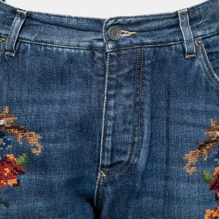 Pre Owned Dolce & Gabbana Blue Denim Floral-Embroidered 16 Classic Jeans 2XL Waist 37"