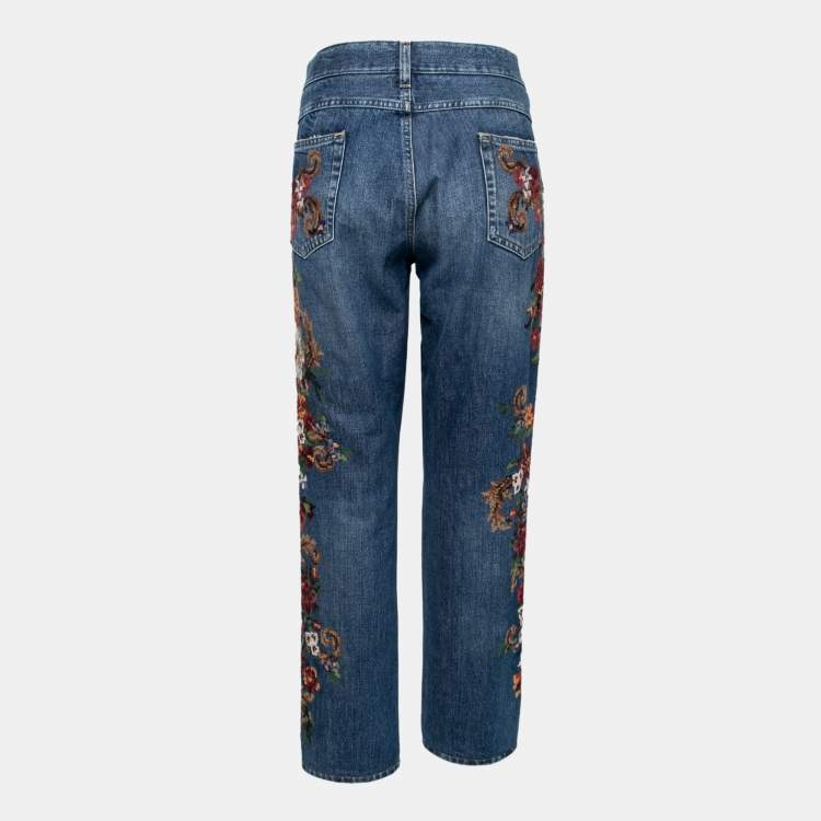 Pre Owned Dolce & Gabbana Blue Denim Floral-Embroidered 16 Classic Jeans 2XL Waist 37"