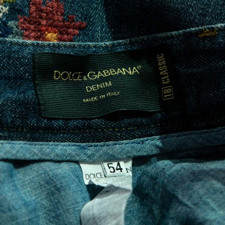 Pre Owned Dolce & Gabbana Blue Denim Floral-Embroidered 16 Classic Jeans 2XL Waist 37"