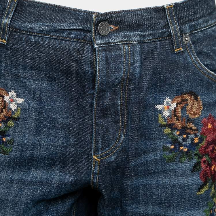 Pre Owned Dolce & Gabbana  Blue Denim Embroidered 16 Classic Ripped Jeans 2XL Waist 38"