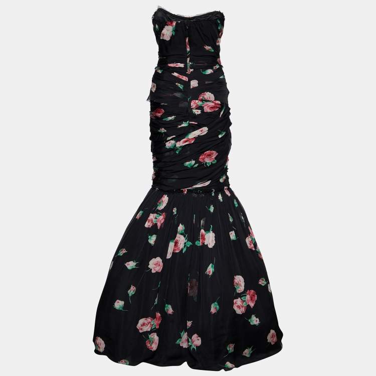Pre Owned Dolce & Gabbana Black Rose Printed Silk Ruched Strapless Gown S