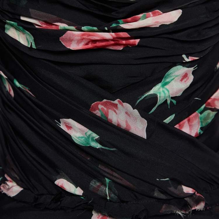 Pre Owned Dolce & Gabbana Black Rose Printed Silk Ruched Strapless Gown S