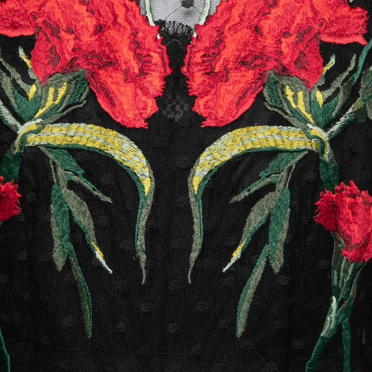 مملوكة مسبقًا Dolce & Gabbana Black Floral-Embroidered Swiss-Dot Tulle Dress M   