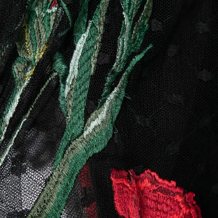 مملوكة مسبقًا Dolce & Gabbana Black Floral-Embroidered Swiss-Dot Tulle Dress M   