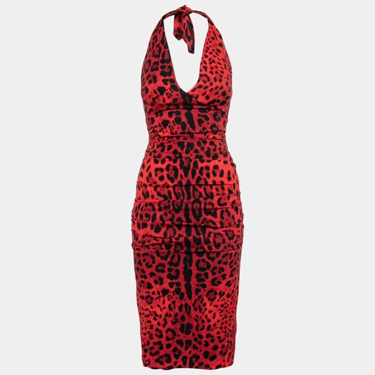 Pre Owned Dolce & Gabbana Red Animal Print Crepe Draped Halter Dress S