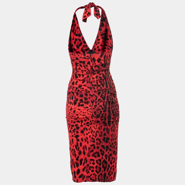 Pre Owned Dolce & Gabbana Red Animal Print Crepe Draped Halter Dress S