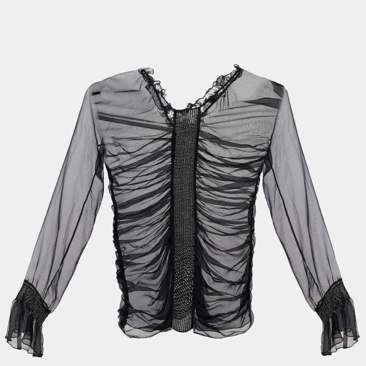 Pre Owned Dolce & Gabbana Black Silk Ruched Sheer Blouse M