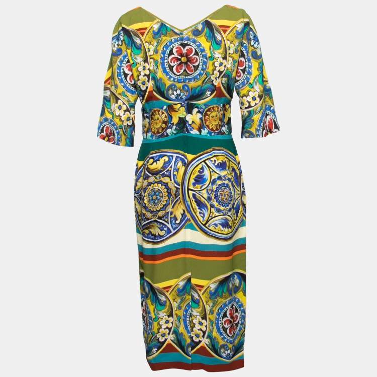Pre Owned Dolce & Gabbana Multicolor Printed Crepe Midi Dress M