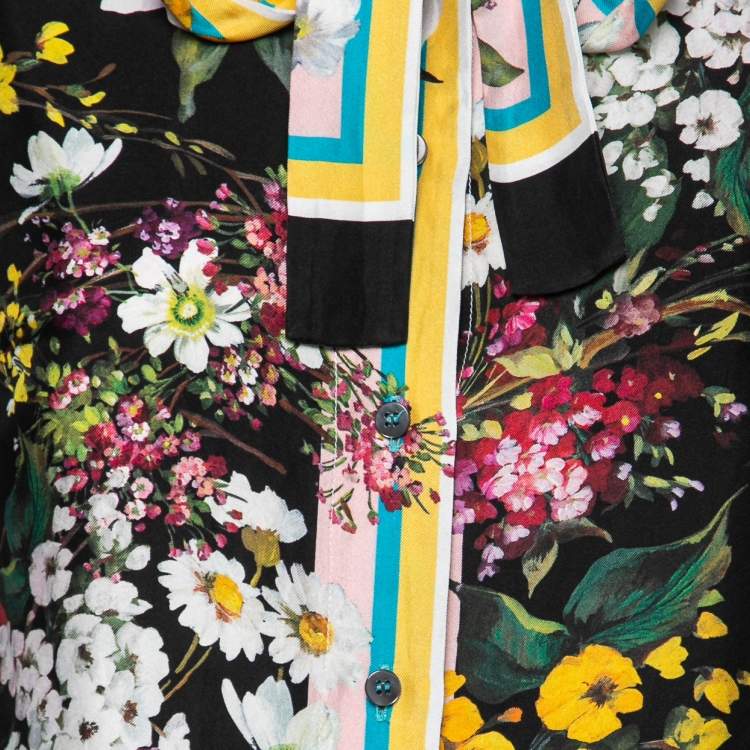 مملوكة مسبقًا Dolce & Gabbana Black Floral Bouquet Print Silk Tie-Neck Blouse M
