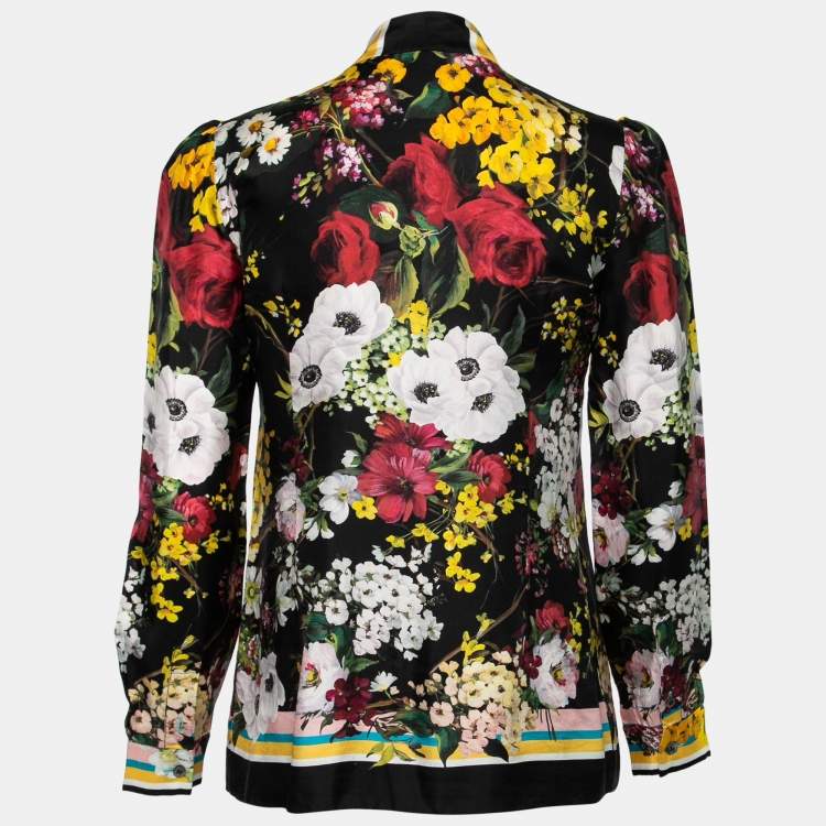 مملوكة مسبقًا Dolce & Gabbana Black Floral Bouquet Print Silk Tie-Neck Blouse M