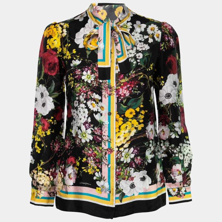 مملوكة مسبقًا Dolce & Gabbana Black Floral Bouquet Print Silk Tie-Neck Blouse M