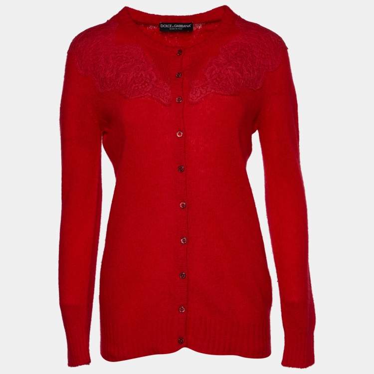 Pre Owned Dolce & Gabbana Red Cashmere & Silk Lace Trim Cardigan M