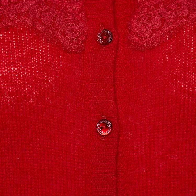 Pre Owned Dolce & Gabbana Red Cashmere & Silk Lace Trim Cardigan M