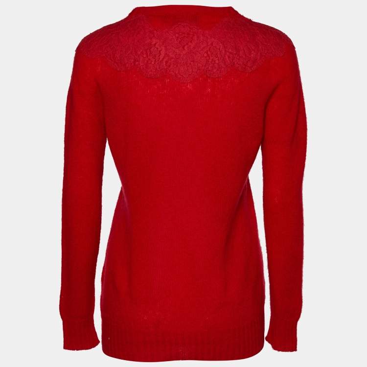 Pre Owned Dolce & Gabbana Red Cashmere & Silk Lace Trim Cardigan M