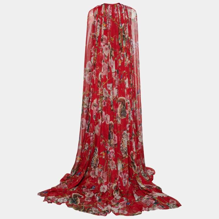 Pre Owned Dolce & Gabbana Red Floral & Animal Print Silk Long Dress & Cape Set S